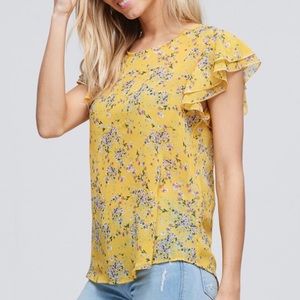 Yellow Flirty Flutter Sleeve Floral Silk Top!